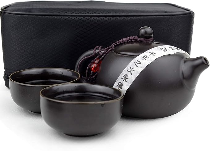 Teapot Chinese Ceramic White Cyan Black Portable Travel Packaging Xishi Pot Cups set (Black 1pot 2cups set)