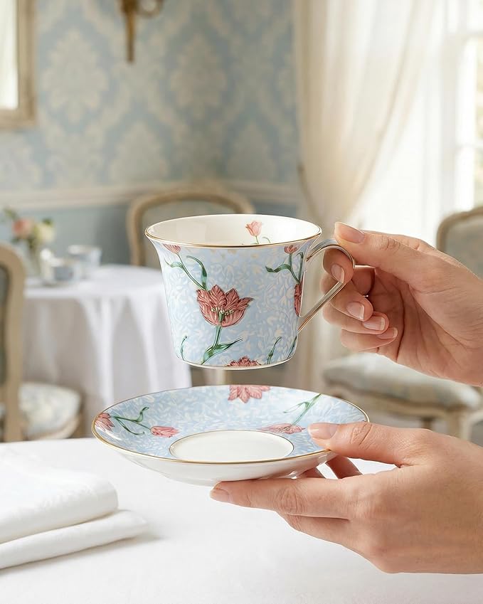 Exquisite Bone China Tea Cups and Saucer Set – Elegant Porcelain Tea Cups, Beautifully Detailed for Tea Lovers, Gift-Ready for Christmas, Hostess, Holiday Gift & Fall Decor