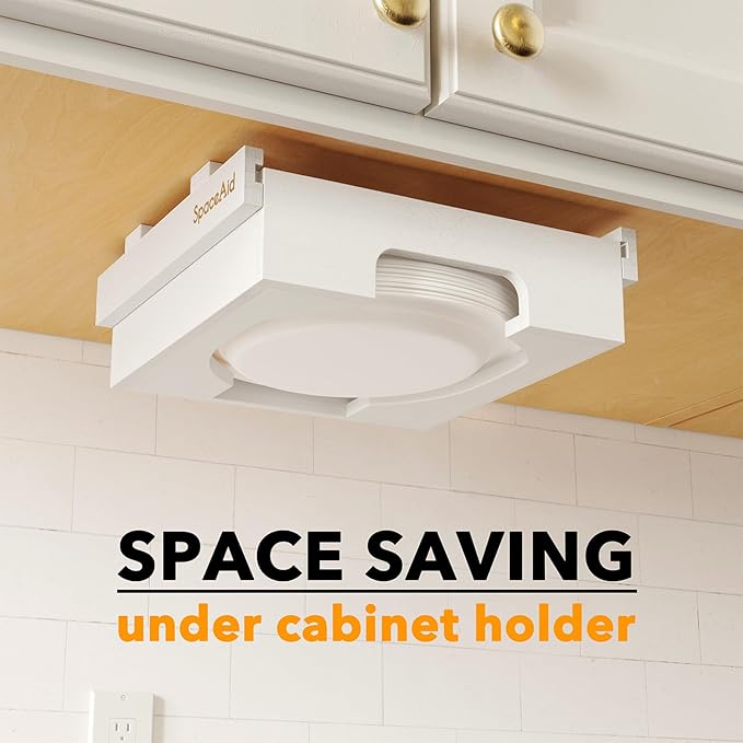 SpaceAid 9-inch Paper Plate Dispenser, Under Cabinet Bamboo Plates Holder, Kitchen Counter Vertical Dipensers Holders Countertop Caddy, White