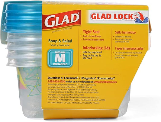 Glad GladWare Design Series Food Storage Containers - Medium Rectangle - Meal Container Holds up to 24 Ounces of Food - Lock Tight Seal, 4 Count - 6 Pack