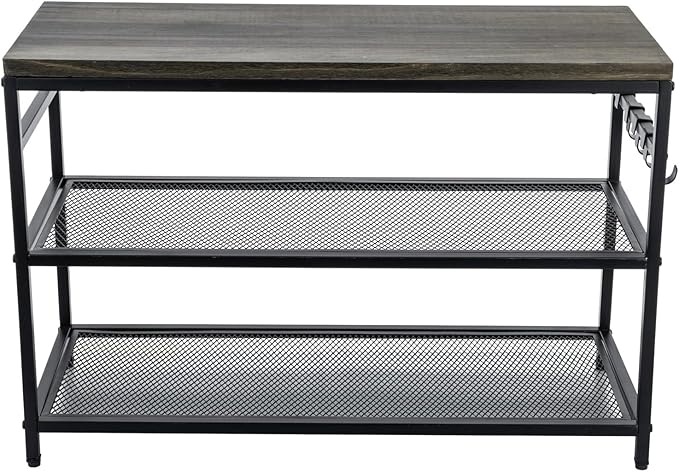 MyGift 28 Inch Black Metal Shoe Stand with 2 Mesh Shelves Rack and Vintage Gray Solid Wood Top Storage Shelf, 3-Tier Rustic Industrial Entryway Organizer Bench Includes 4 Hanger Hooks