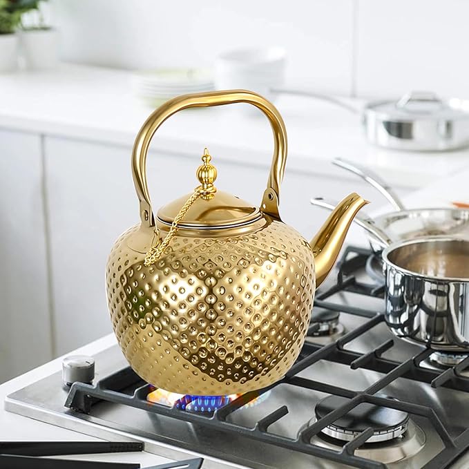 2000ml Tea Kettle, Stainless Steel Teapot with Infuser, Hammered Finish, Curved Spout, Decorative Water Kettle, Gold