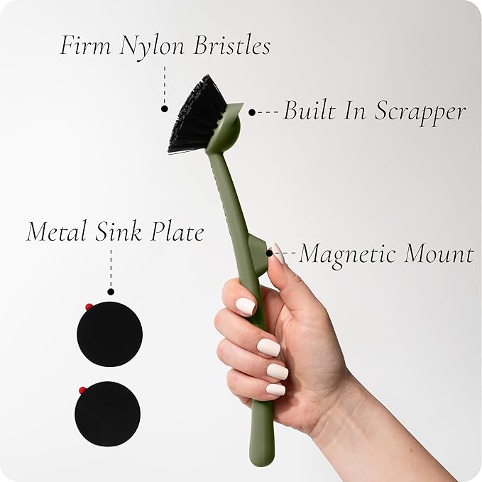 Earth & Mango Magnetic Dish Brush – Dish Scrubber with Built-in Scraper – Snaps to Sink, Dries Fast, Declutters Your Counter (Moss Green)