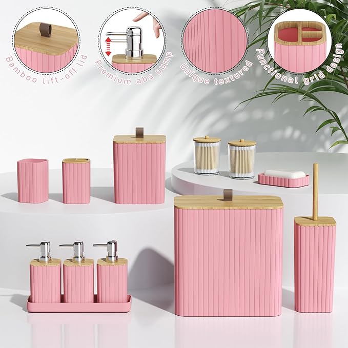 Bathroom Accessory Set - Pink Bathroom Set, 27PC Bathroom Accessories Set, Bathroom Sets with Shower Curtain and Rugs, Mini Trash Can, Toilet Brush, Trash Can & Soap Dispenser