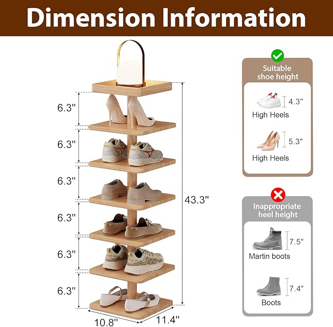 Narrow Shoe Rack for Entryway - Wood Narrow Shoe Rack with Compact Design for Small Space, 6-Tier Shoe Organizer for Entryway Hallway Bedroom Closet