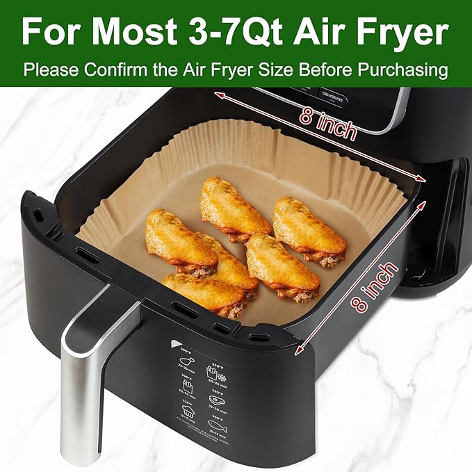 500 Pcs Air Fryer Paper Liners, 8 Inch Parchment Paper for 3-7 Qt Airfryer Basket, Square Airfryer Liners Compatible with COSORI 6-Qt, Ninja 5QT, Chefman 6 Quart Air Fryer