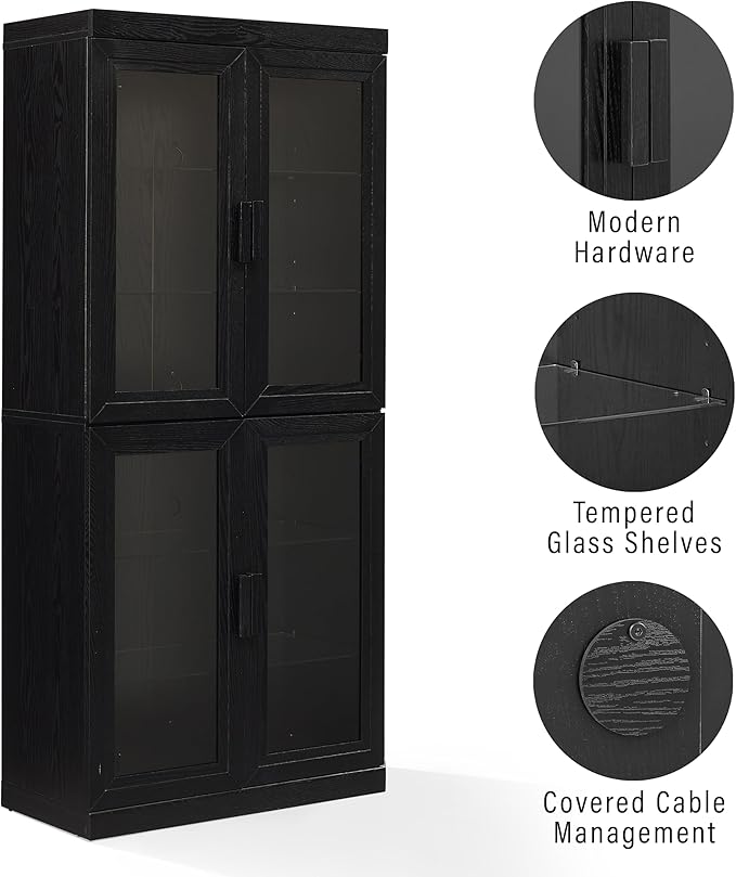 Crosley Furniture Essen Glass Door Kitchen Pantry Storage Cabinet with Doors and Shelves, Living Room, Black