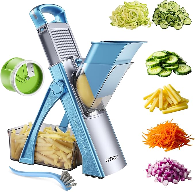 Upgrade Safe Mandoline Slicer for Kitchen, Vegetable Chopper Food Cutter, Potato Slicer Thickness Adjuster, French Fry Cutter, Veggie Dicer Faster With Spiralizerfor Meal Prep Blue