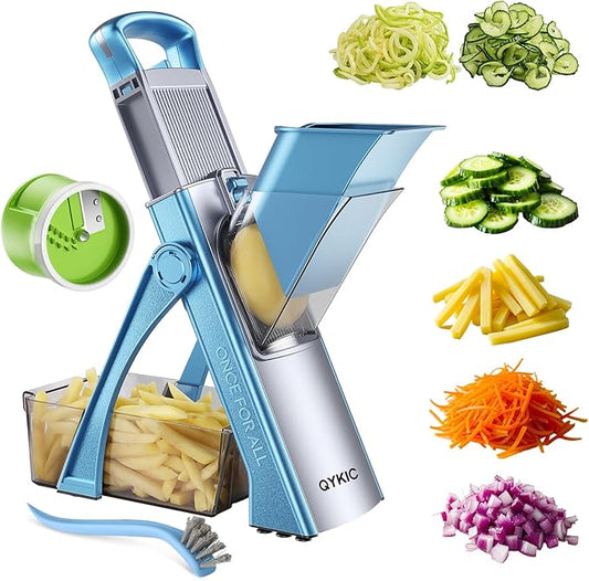 Upgrade Safe Mandoline Slicer for Kitchen, Vegetable Chopper Food Cutter, Potato Slicer Thickness Adjuster, French Fry Cutter, Veggie Dicer Faster With Spiralizerfor Meal Prep Blue