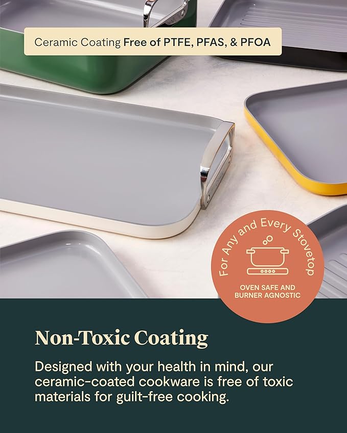 Caraway Square Cookware Set - Square Pans Set - Perfect for Griddling, Toasting, Searing, Roasting, and More - Non-Stick Ceramic Coated Pans - Non Toxic, PTFE & PFOA Free - Gray
