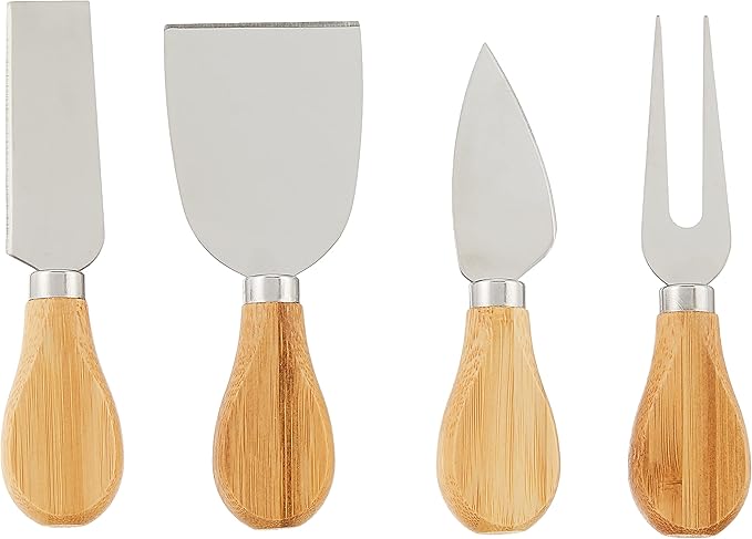 NutriChef Bamboo Natural Cheese Board Set with Bonus Condiment Cup-Extra Large Size 100% Home Organic Wooden Plate and Charcuterie Tray with 4 pcs Cutting Knife Slicer, 13" Square