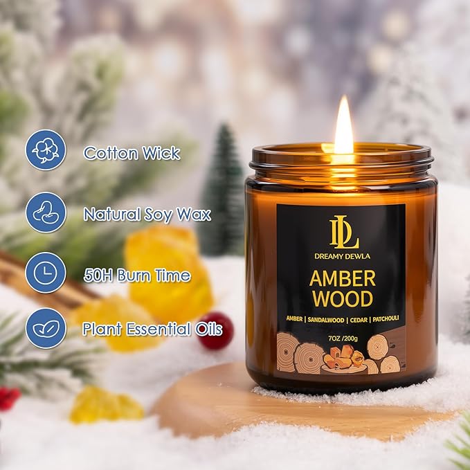 Winter Candle Amber Wood Scented, Natural Soy Candles for Home Scented, 7oz Holiday Candle with 50hr Burn Time, Aromatherapy Candles Winter Holiday Gifts for Women Men