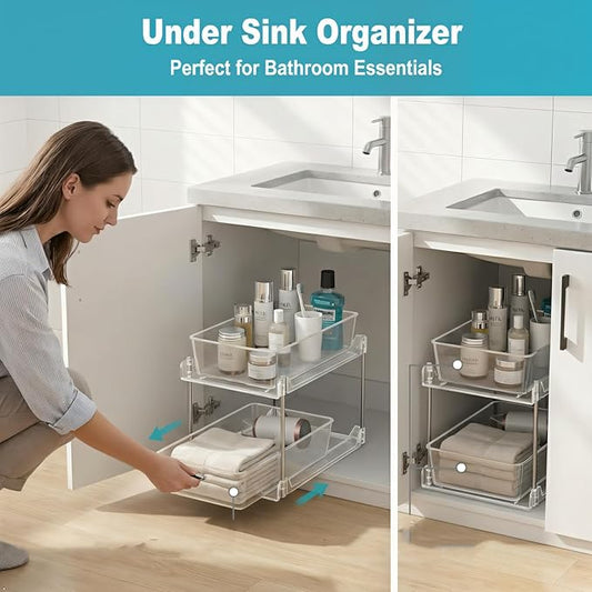 Bathroom Organizers and Storage,2-Tier Clear Under Sink and Pull-Out Cabinet Organizer with Track for Kitchen, Pantry,Vanity Countertop,Medicine Cabinet,Closet Drawers Bins