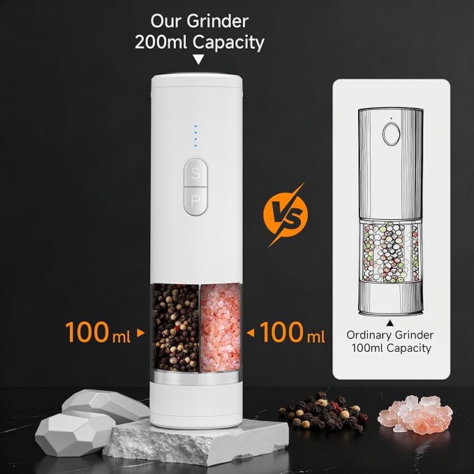 Electric Salt and Pepper Grinder Set Shakers 2 IN 1-Rechargeable Automatic Pepper Mill,with LED Lighting,Adjustable Grinder,Large Capacity-Ideal for Kitchen,BBQ,Ideal Kitchen Gifts (White)