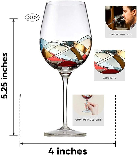 Bezrat Red Wine Glasses Set of 2, Unique Hand Painted Wine Glasses, Drinkware Essentials, 11" H, 28oz Wine Lover Large Wine Glass, Glassware Gifts Ideas for Women Inspired by The 'Duomo di Milano'