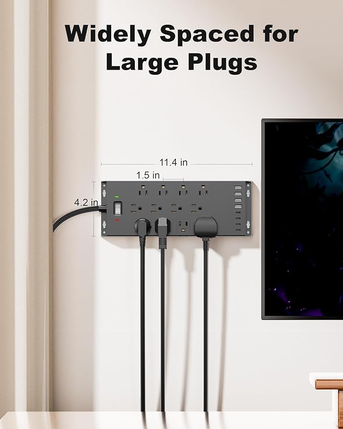 Surge Protector Power Strip 4800J, LeZone 10Ft Long Extension Cord Flat Plug, 20 Outlets 8 USB Ports(4 USB-C), Wall Mountable, Desk Charging Station, Black