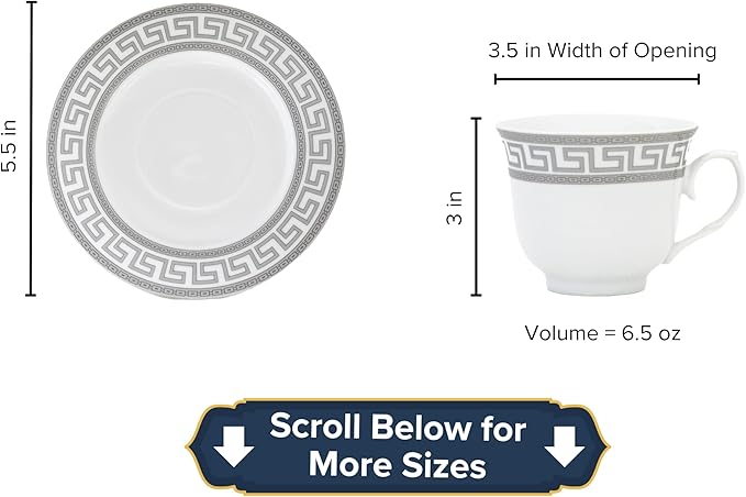 Dinnerware Set for 8-49 Piece Vintage Porcelain Dish Set - White and Silver Greek Key Design - Luxurious Tableware - For Everyday Use or Formal Occasions (Meander Silver 2049)