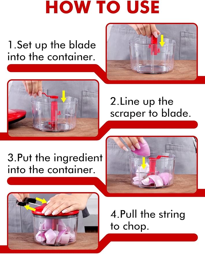 GDL Food Chopper, Pull Onion Chopper Dicer, Hand Powered Food Mincer, Fast Cutting Hand Chopper for Oinon, Garlic, Nut, 3.4 Cups 0.8L, Red