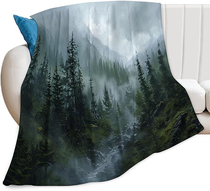 Forest Blanket Misty Mountain Tree Throw Blanket Cozy Plush Fleece Flannel Green Nature Blankets Landscape Party Gifts for Girls Boys Women Men 50"X40"
