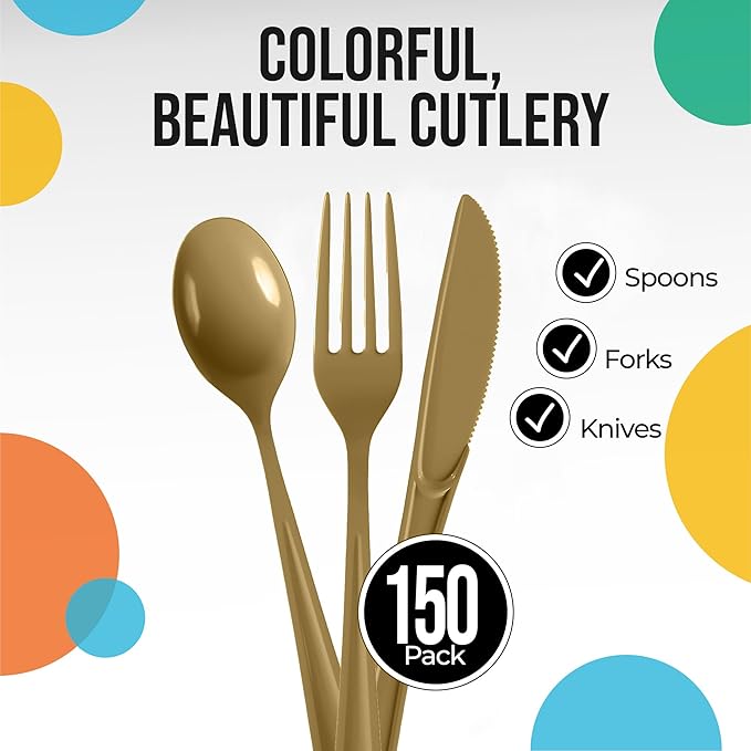 Party Solids Gold Plastic Silverware Heavy Duty 150 Pieces Gold Disposable Silverware Heavy Duty, Utensil Sets, 50 Of Each Forks, Knives & Spoons Disposable Cutlery Set For Party Supplies