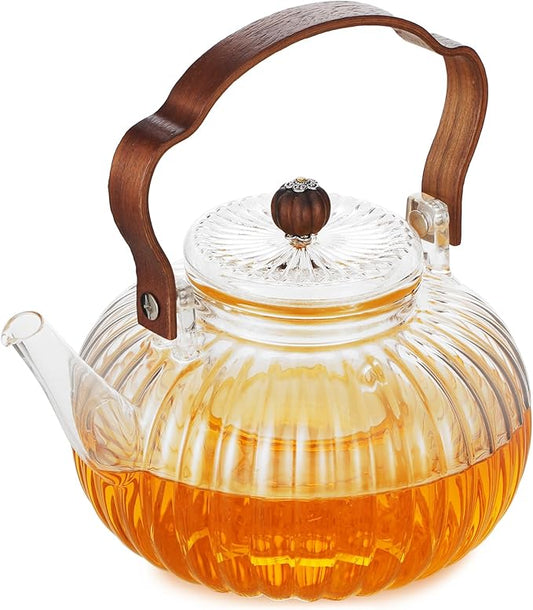 40OZ/1200ML Glass Pumpkin Teapot with Removable Infuser & Lid, Stovetop & Microwave Safe Clear Borosilicate Glass Tea Maker Water Kettle for Loose Leaf Blooming Tea