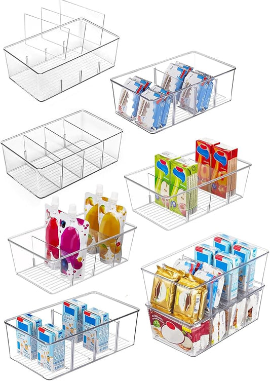 8 Pack Pantry Organizers and Storage,Snack Containers with 3 Dividers for Kitchen,Fridge,Refrigerator Organization and Storage,Clear Plastic Organizer Bins for Spice,Tea bag,Seasoning