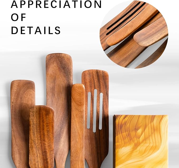 Wooden Spatulas for Cooking Set of 5, Teak Spatula Set with Ergonomic Handles, Nonstick Safe Wooden Spoons for Cooking, Durable Wood Utensil Set for Kitchen, Smooth Handcrafted Wood Spatula