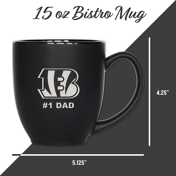 Rico Industries NFL Football #1 Dad 15oz Laser Engraved Matte Black Ceramic Bistro Mug - for Hot or Cold Drinks
