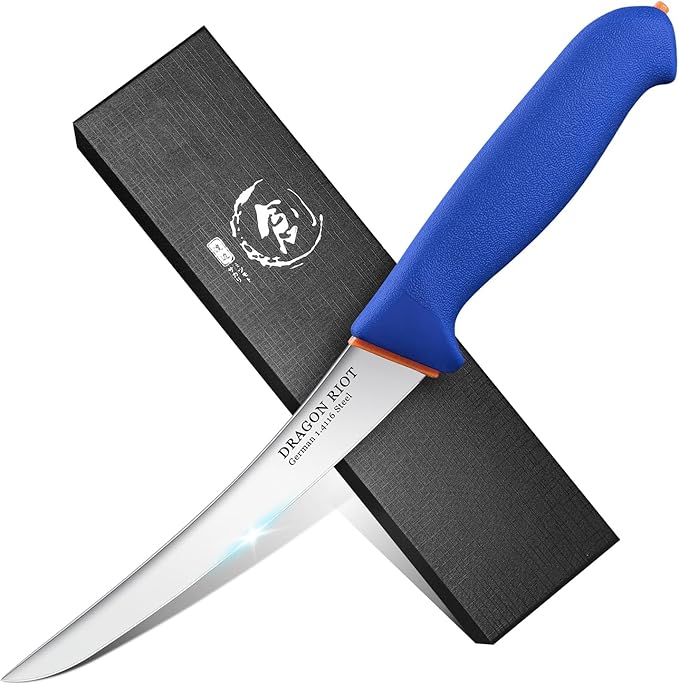 DRAGON RIOT 6 Inch Boning Knife, Flexible Curved Blade Processing Knife for Brisket Meat Trimming and Fish Filleting