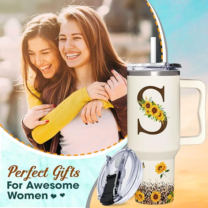 Personalized Birthday Gifts For Women - Sunflowers Monogrammed Cup For Boss Day, Christmas - Customized Gifts For Women, Mom, Wife, Coworkers, Boss Lady, Her - Custom Tumbler With Handle 40oz