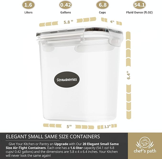 Chef's Path Airtight Plastic Food Containers with Lids - 20 Pack (1.6 Liter Each) - Durable Kitchen and Pantry Storage for Cereal, Rice, Pasta, Sugar - Airtight Food Storage Containers