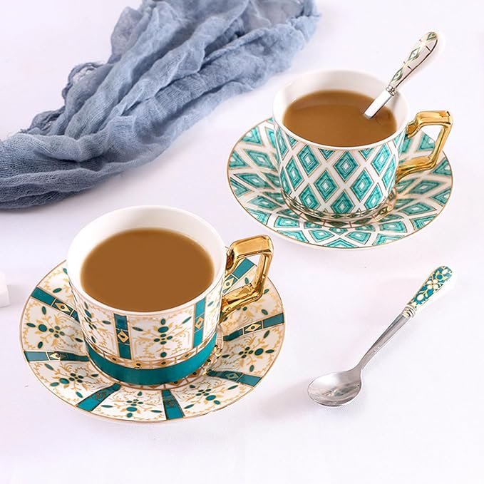 Vintage Bone China Tea Cup Set,5.4 Oz/160 ml Golden Handle Ceramic Coffee Teacup and Saucer with Spoon and Snack Fork, Style 03