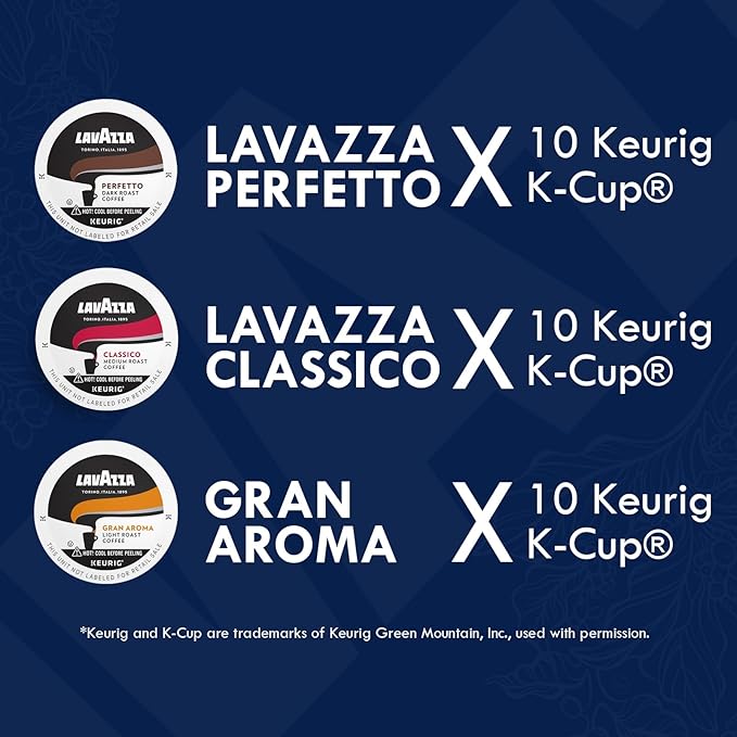 Lavazza K-Cups Coffee Pods Variety Pack – 30 Count (10 Each) – Classico, Perfetto & Gran Aroma – 100% Arabica Espresso – Light, Medium & Dark Roast – Compatible with Keurig Single Serve Brewers