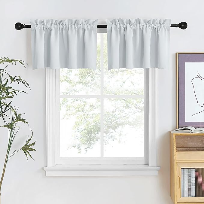 NICETOWN Valance Curtains for Kitchen Thermal Insulated Window Curtain Valances, Farmhouse Adjustable Rod Pocket Bathroom Curtains for Small Window, 42" W x 18" L + 1.6" Header, Greyish White, 1 Pair
