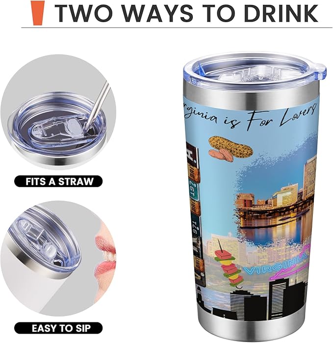 20oz Insulated Tumbler Virginia State Coffee Mug, United States Map Travel Mug Landmark, Birthday Gifts Cute Custom Tumbler Cups with Lid and Straw Gifts for Mom