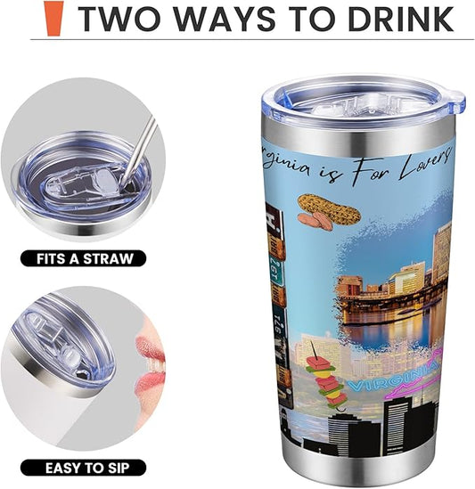 20oz Insulated Tumbler Virginia State Coffee Mug, United States Map Travel Mug Landmark, Birthday Gifts Cute Custom Tumbler Cups with Lid and Straw Gifts for Mom