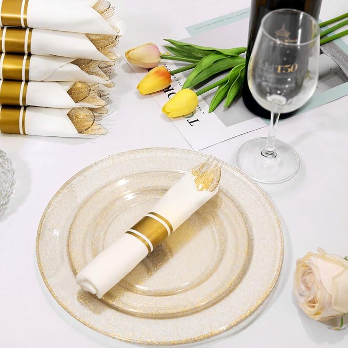 DaYammi 350 Pieces Gold Glitter Dinnerware Set 50 Guest for Party Christmas Plates Disposable - 50 Dinner Plates, 50 Dessert Platos -50 Per Rolled Napkins with Gold Cutlery -50 Disposable Cups 9 OZ