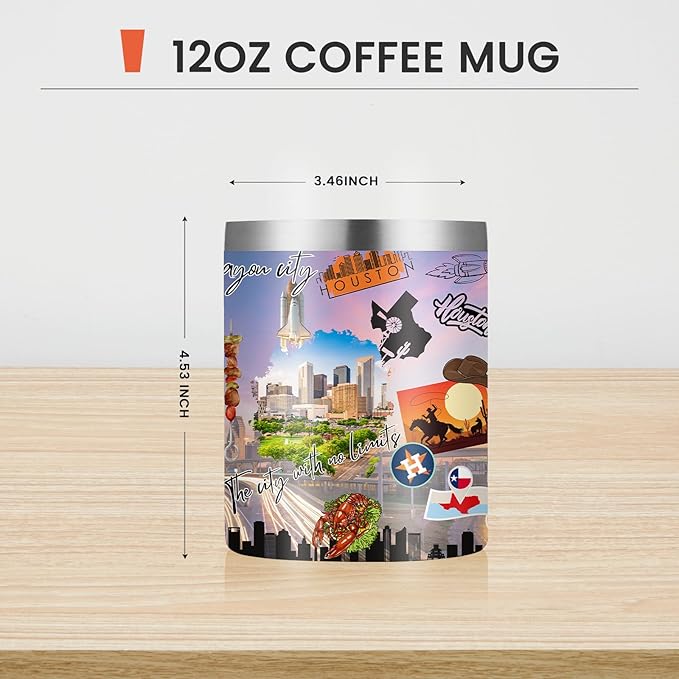 12oz Coffee Mug Huston City State Insulated Coffee Cups, United States Map Travel Mug Landmark, Birthday Gifts Cute Mugs with Lid and Straw Gifts for Mom