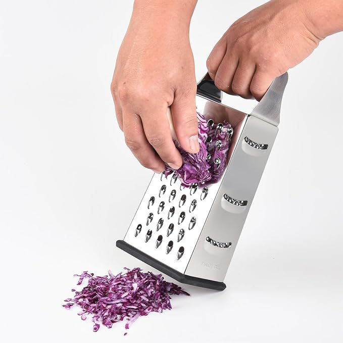 9" 4-Sided Cheese Grater with Soft Touch Handle, Stainless Steel, Rust Proof & Dishwasher Safe
