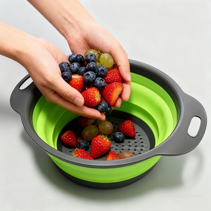 2-Pcs Collapsible Colander Set & Vegetable wash Basket,colander for kitchen,strainer, Space Saving Outdoor Multi-Purpose Foldable Sink,