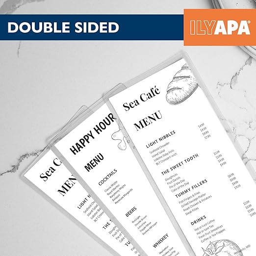 Ilyapa Restaurant Menu Covers 4.25 x 11 Inch - 30 Pack, Single Page, 2 View Clear Sleeves Holder for Restaurant, Durable PVC Hard Plastic Menu Holder