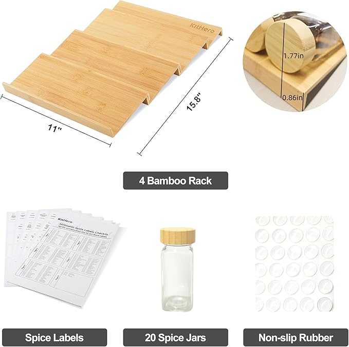Spice Drawer Organizer with 20 Bamboo-lidded Spice Jars,216 Labels,25 Non-slip Rubber, Bamboo 4 Tier Seasoning Rack Tray Insert for Kitchen Drawers,Cabinets,Countertop,11" Wide x 15.8" Deep