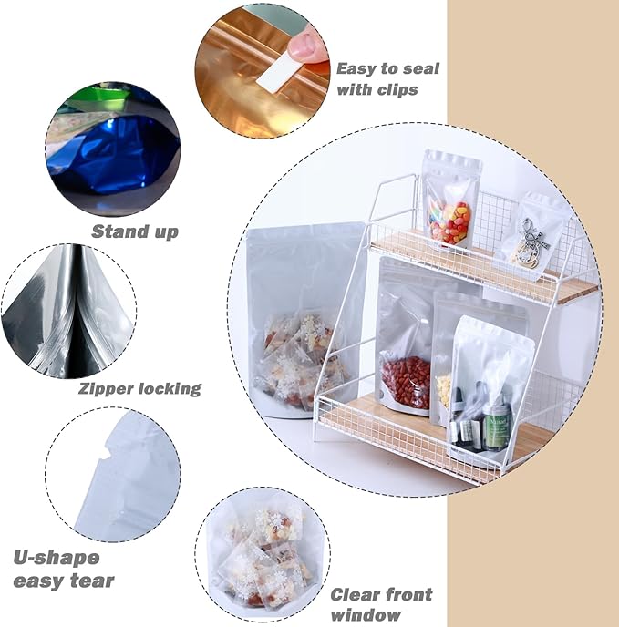 150-pack 7" x 10" Stand Up Mylar Bags with Clear Window 1 Quart Large Resealable Foil Pouches for Food Storage Smell Proof Edible Packaging Bag for Cookies and Small Business, Bulk