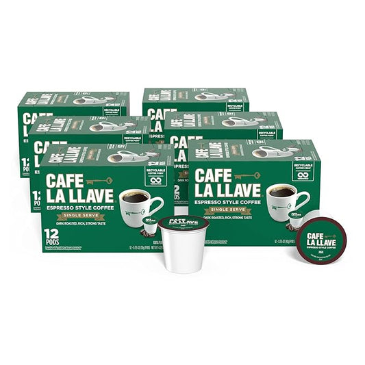 Cafe La Llave 72 Count Dark Roast Coffee Pods, Espresso Style, Compatible with Keurig Brewers, Single Serve Rich Bold Flavor