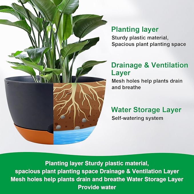 8/8/10/12 Inch Pots for Plants, 4 Pack Large Self Watering Pots for Indoor Plants with Drainage and Saucers, Plastic Outdoor Flower Pot(Grey)