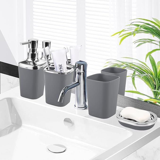 Grey Bathroom Accessories Sets Complete, 9-Piece Bathroom Accessories with Trash Can, Vanity Tray, Soap Dispenser, Soap Dish, Toothbrush Holder, Toothbrush Cup, Toilet Brush and Qtip Holders