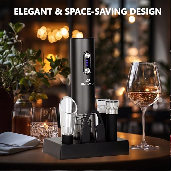Electric Wine Opener Set With Base– Rechargeable Wine Bottle Opener Kit with Foil Cutter, 2 Vacuum Stoppers, and Wine Pourer – Best Wine Gift Set, Fancy Wine Opener for Wine Lovers and Parties