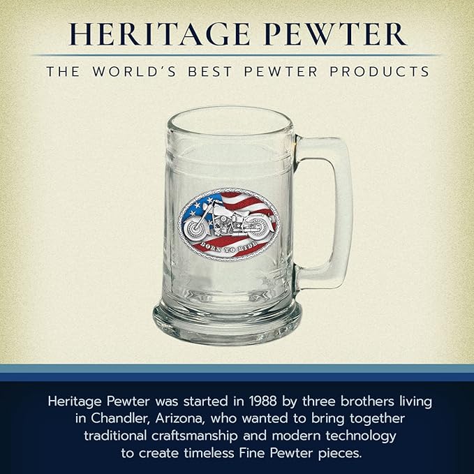 Heritage Pewter Motorcycle Beer Stein Glass | 15 Ounce German-Style Beer Glass | Intricately Crafted Metal Pewter Inlay