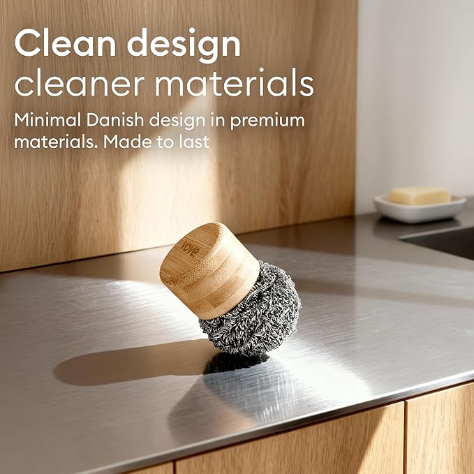 Vove Magnetic Scourer & Bamboo Dish Brush Set, Stainless Steel Scrubber with FSC-Certified Bamboo Handle and 3 Pads, Sisal Fiber Brush, for Cast Iron, Pots & Pans, Eco-Friendly Kitchen Cleaning Bundle