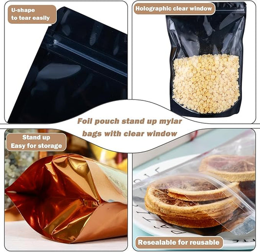 150-pack 7" x 10" Large Stand Up Mylar Bags with Clear Window 1 Quart Resealable Foil Pouches for Food Storage Smell Proof Edible Packaging Bag for Cookies and Small Business, Bulk